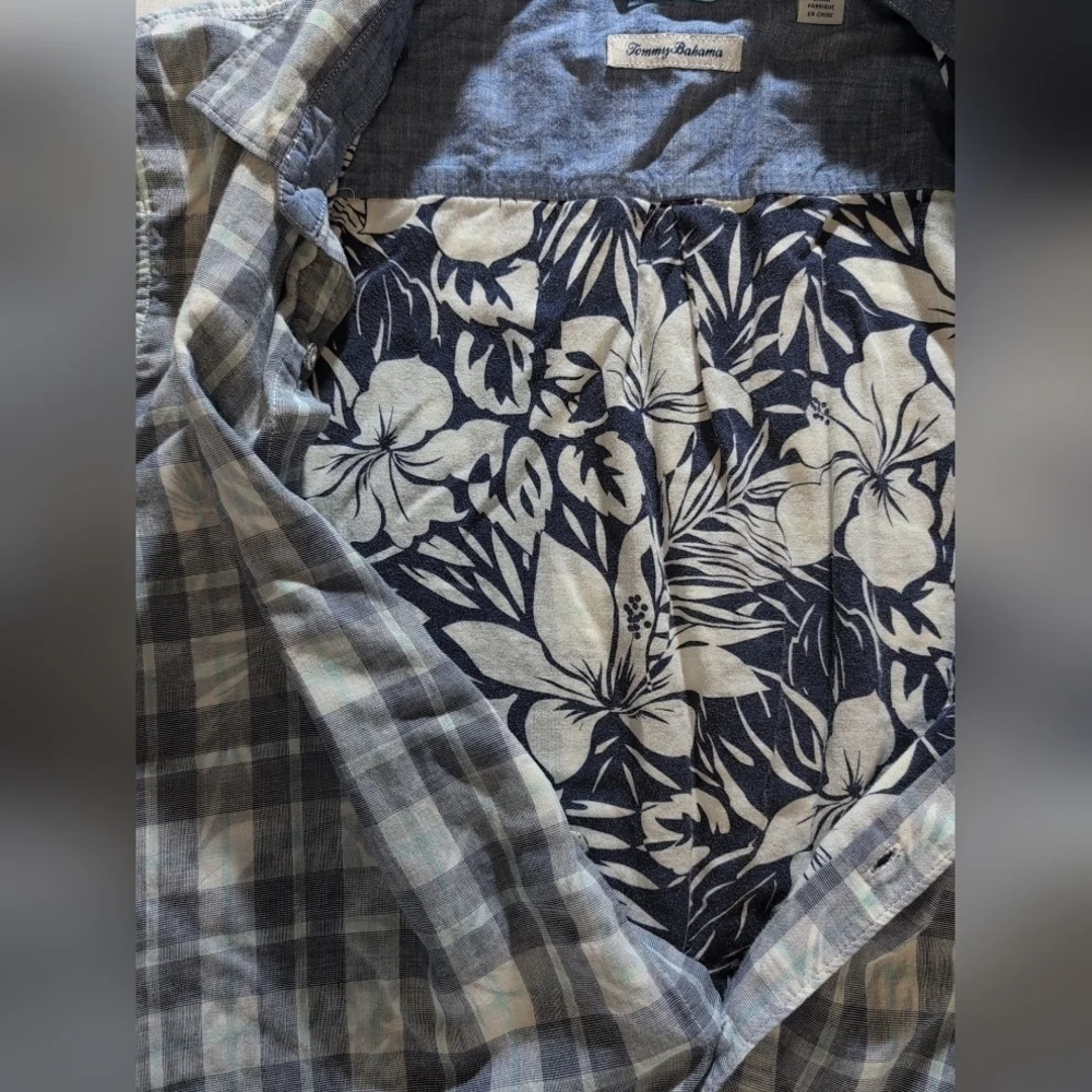 Tommy Bahama Blue Faint Hibiscus & Plaid Check Button Down Shirt Size XXL
